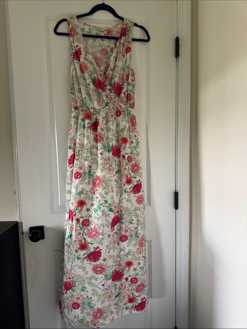 Old Navy White Maxi Dress with Pink and Green Floral Print